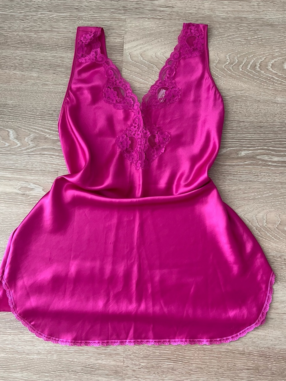 Fuchsia Satin Lace-Trim Mini Slip Dress - Women's